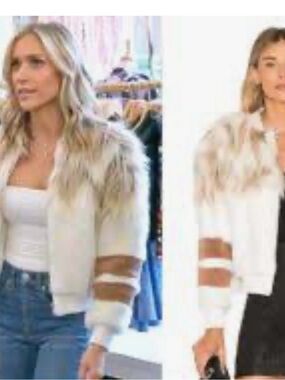 NBD White Faux Fur-Trim Cropped Jacket with Tan Stripes